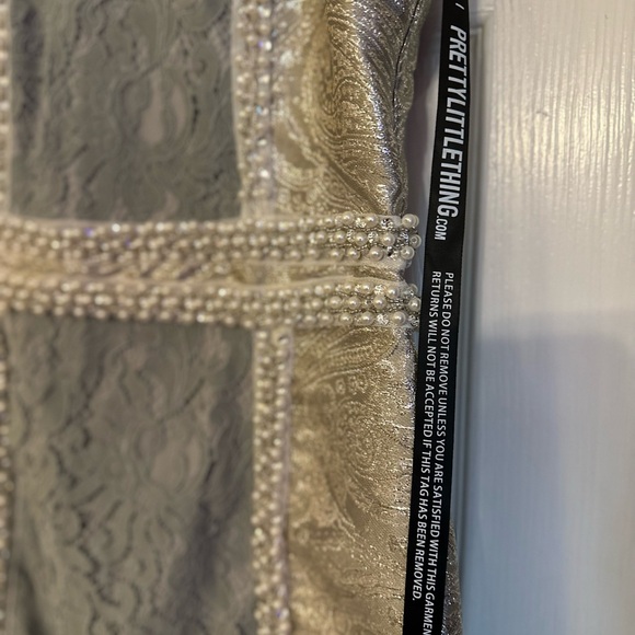 PrettyLittleThing Luci Pale Blue Premium High Neck Jacquard Lace Panel Mini *NWT - Picture 6 of 10